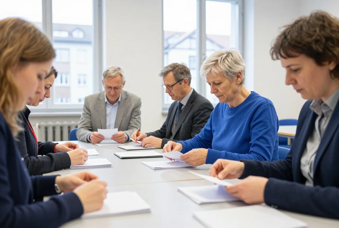 Vier Erwachsene sitzen an einem langen Tisch und sortieren gefaltete Zettel in mehrere Stapel
