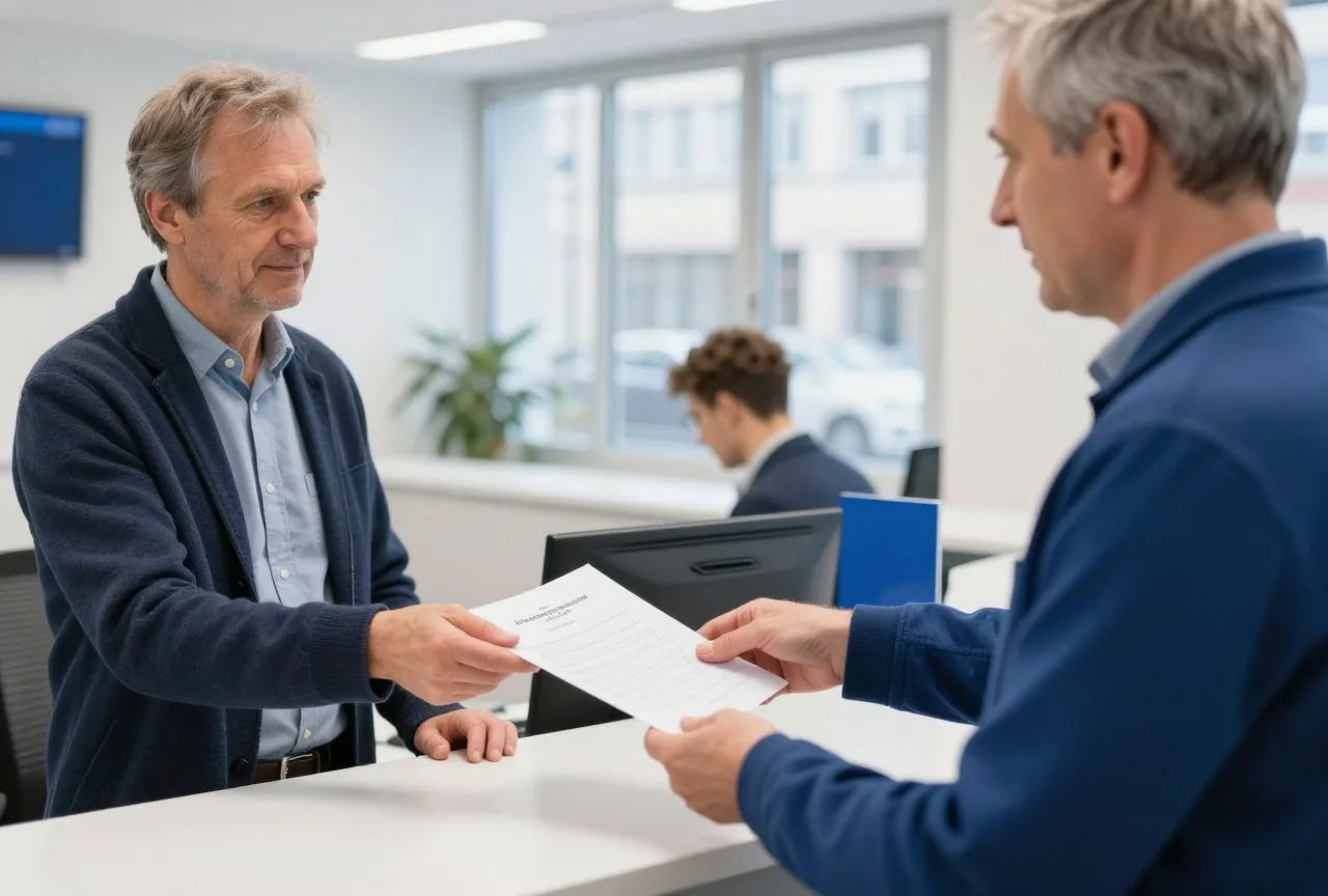 Ein älterer Mann reicht an einem hellen Behördenschalter einem Mitarbeiter ein gefaltetes Blatt Papier