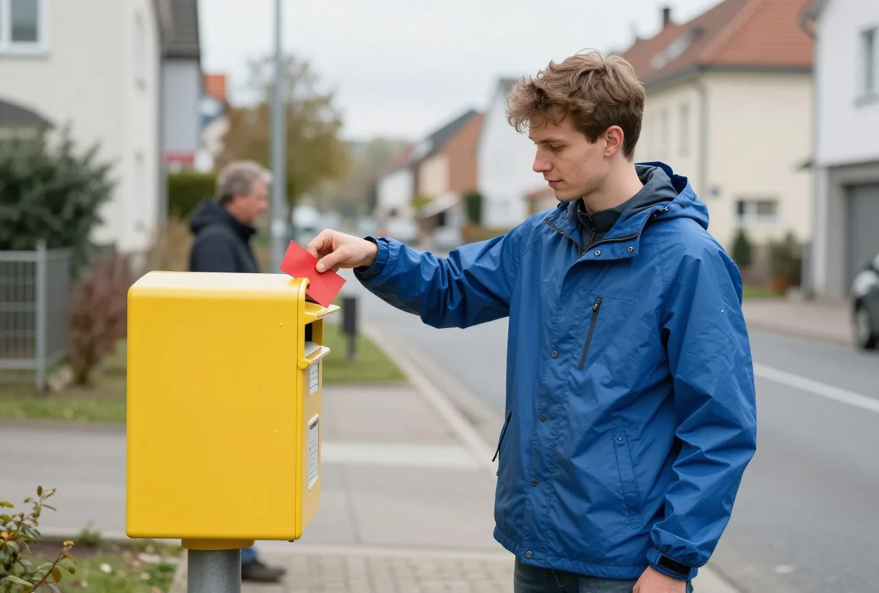 Ein junger Mann in Regenjacke wirft einen roten Umschlag in einen gelben Briefkasten an einer ruhigen Straße