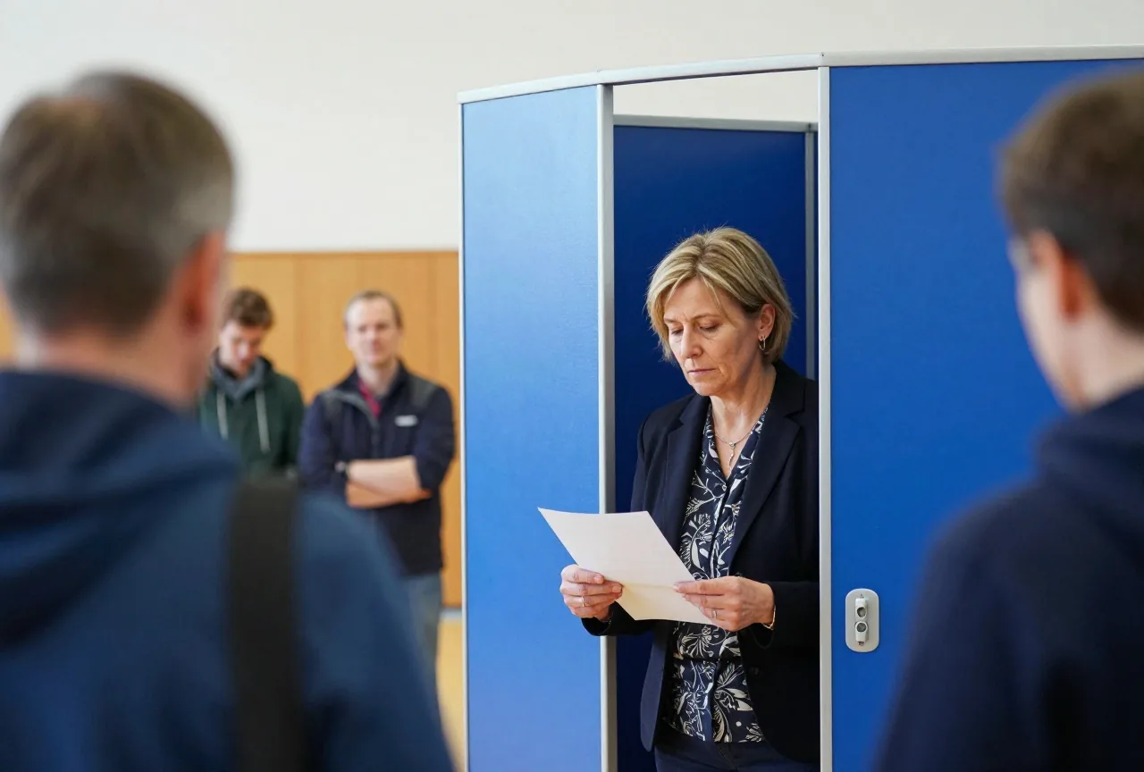 Eine Frau in den Fünfzigern tritt mit einem gefalteten Zettel aus einer Wahlkabine in einer Turnhalle