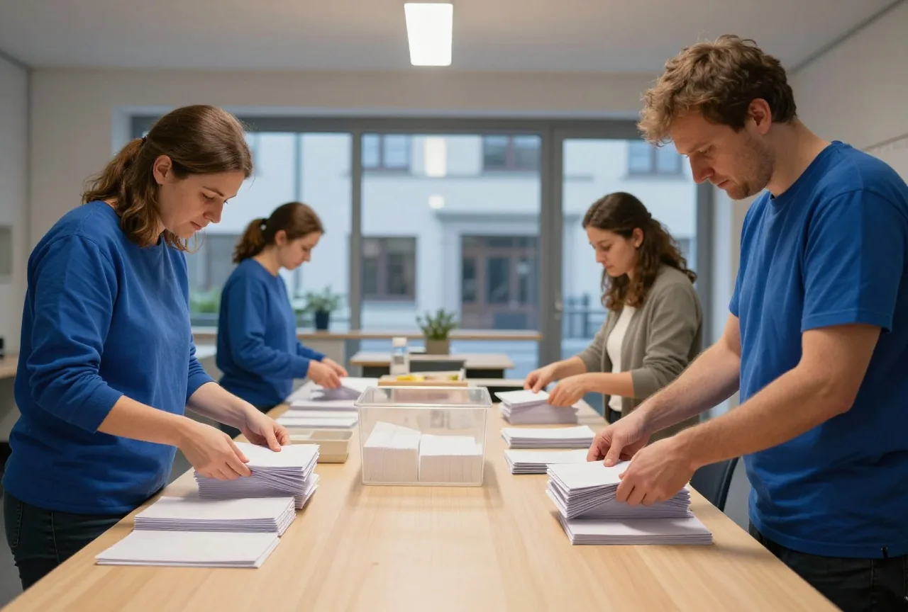 Vier Freiwillige unterschiedlichen Alters sortieren abends an einem langen Tisch gefaltete Zettel in Stapel