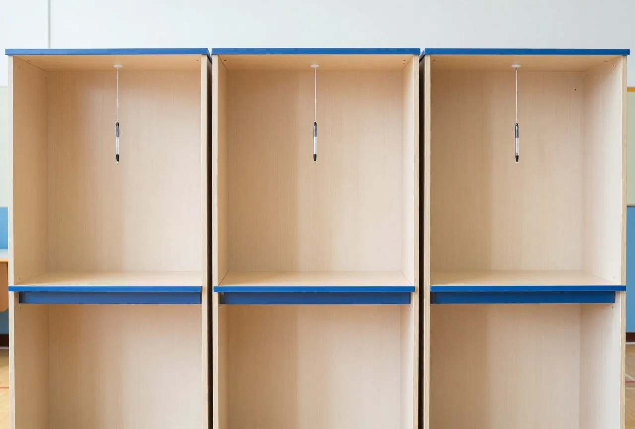 Drei leere hölzerne Wahlkabinen mit Sichtwänden in einer hellen Turnhalle, an jedem Tisch hängt ein Stift