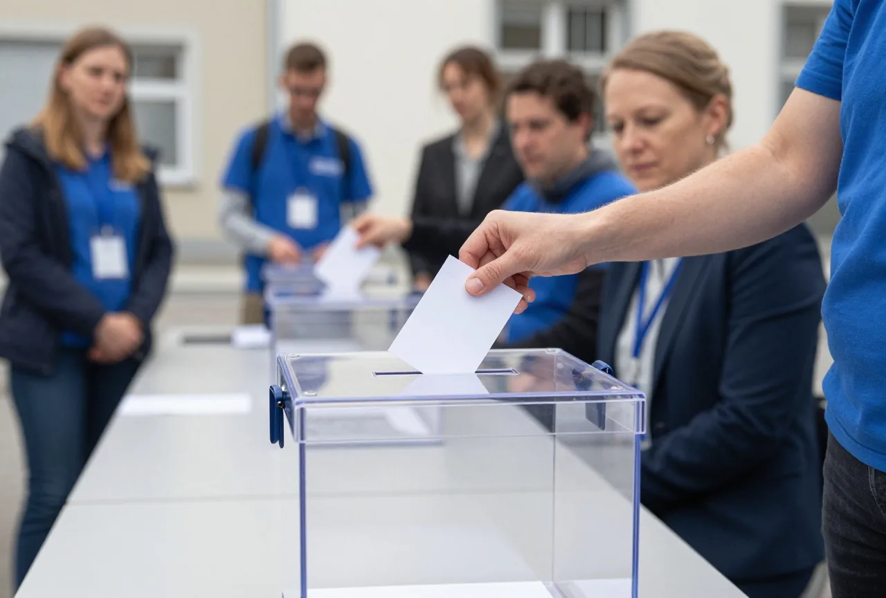Eine Frau wirft eine gefaltete weiße Karte in eine durchsichtige Urne, dahinter unscharf Wahlhelfer
