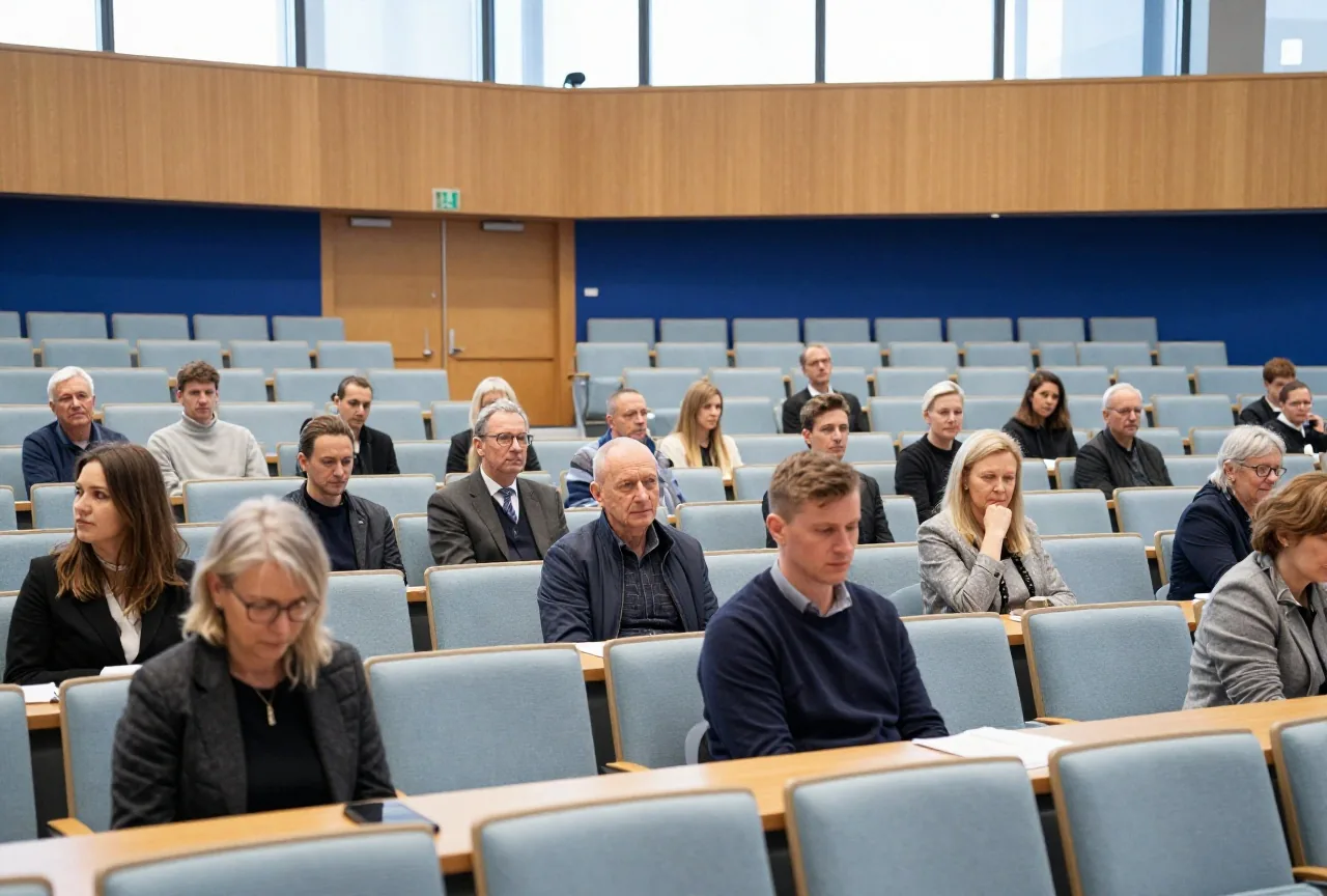 Ein großer moderner Saal mit leeren Sitzreihen im Halbrund, helles Holz und blaue Polster