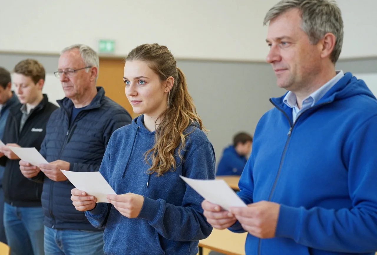 Eine junge Frau und ein älterer Mann warten in einem Wahllokal in einer Turnhalle