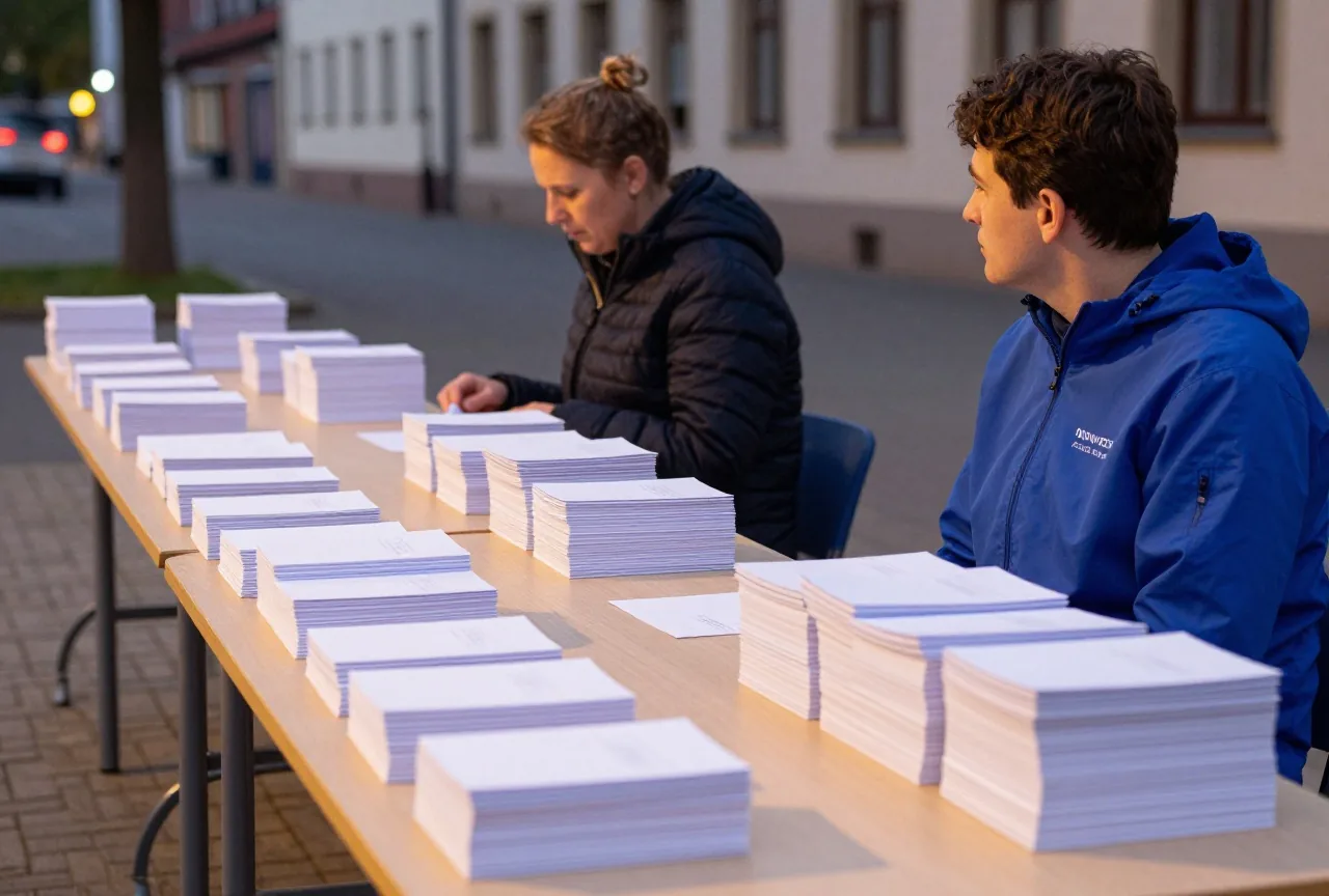 Zwei Wahlhelfer zählen am Abend an einem langen Tisch gefaltete weiße Karten in Stapeln