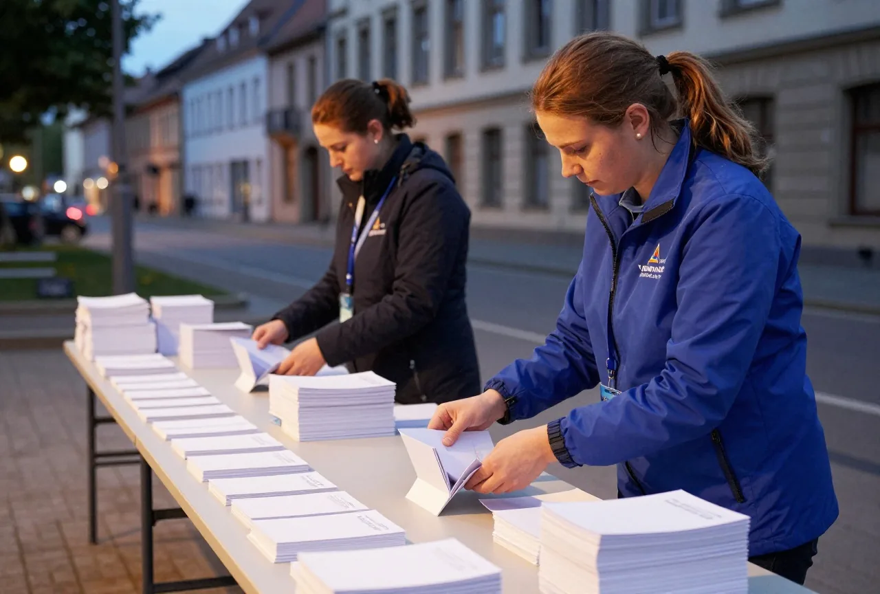Zwei Wahlhelfer zählen spätabends an einem langen Tisch Stapel gefalteter weißer Karten