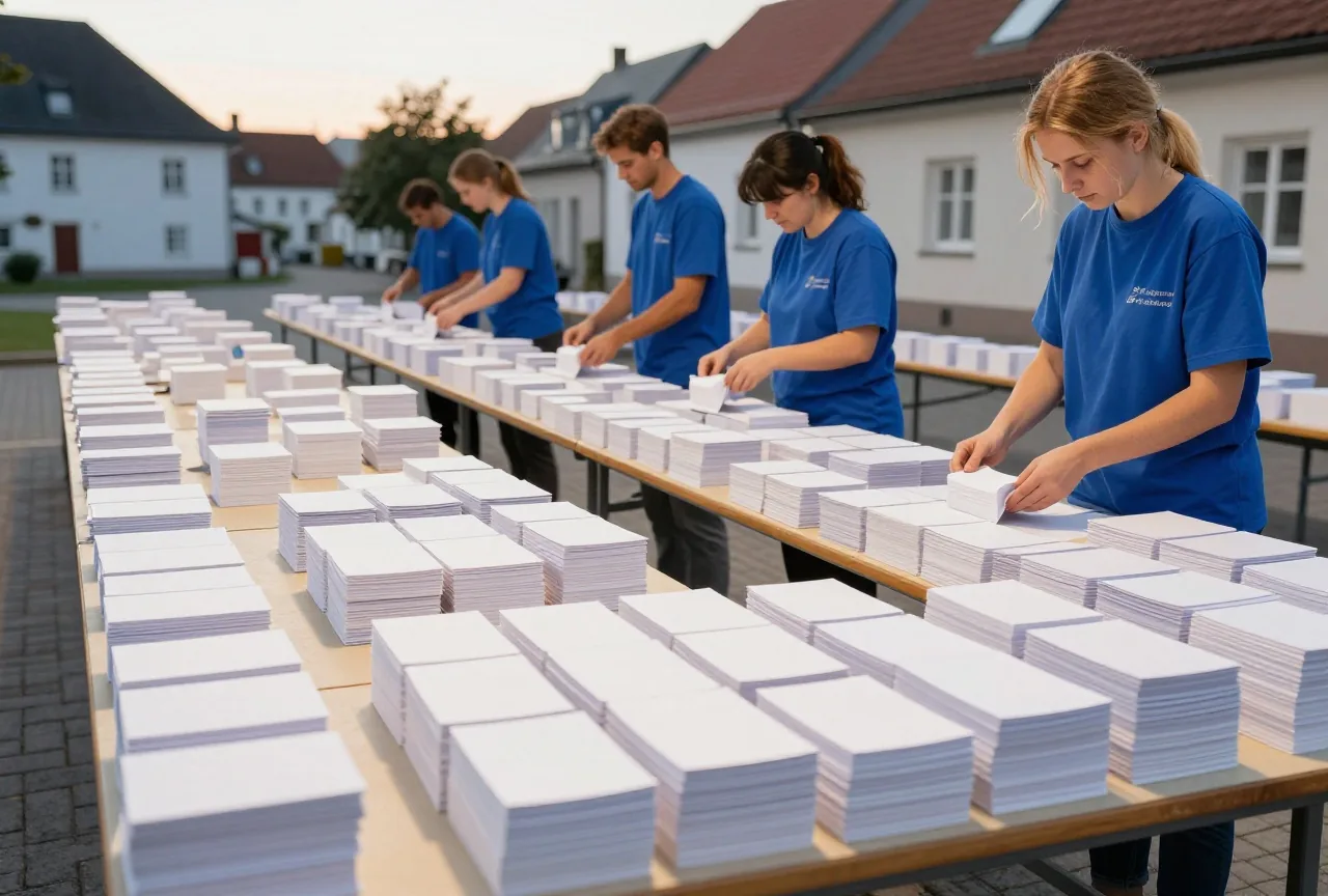 Fünf Wahlhelfer sortieren am Abend in einem Gemeindesaal Stapel gefalteter weißer Karten