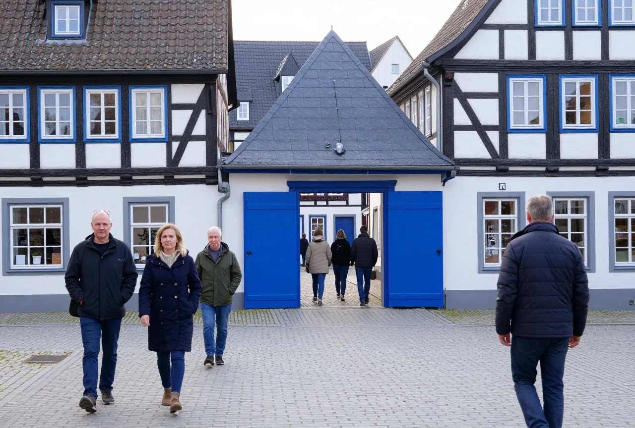 Ein kleiner Dorfplatz am Morgen, einige Menschen gehen auf eine offene Saaltür zu