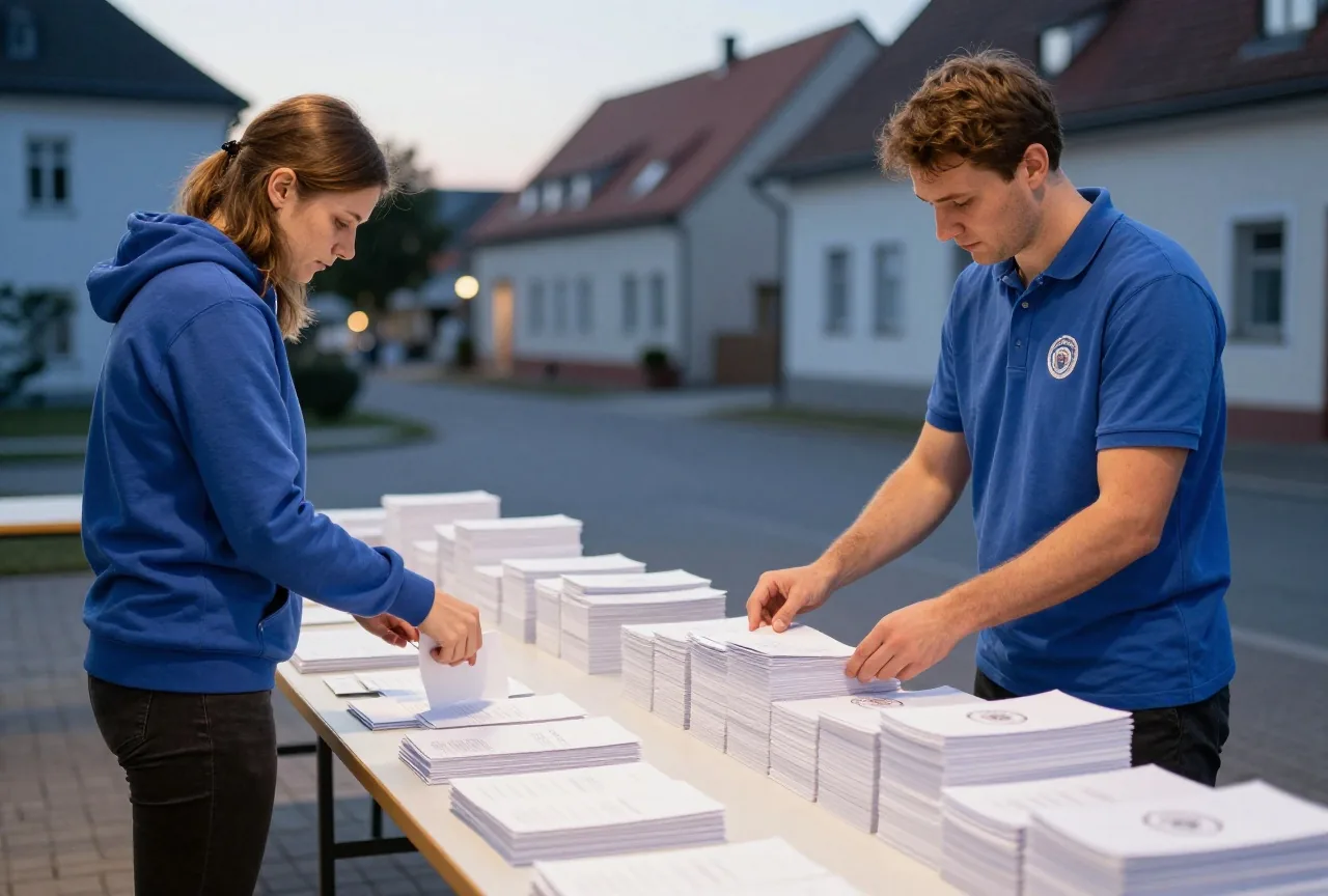 Zwei Wahlhelfer zählen abends in einem Gemeindesaal an einem langen Tisch gefaltete weiße Karten
