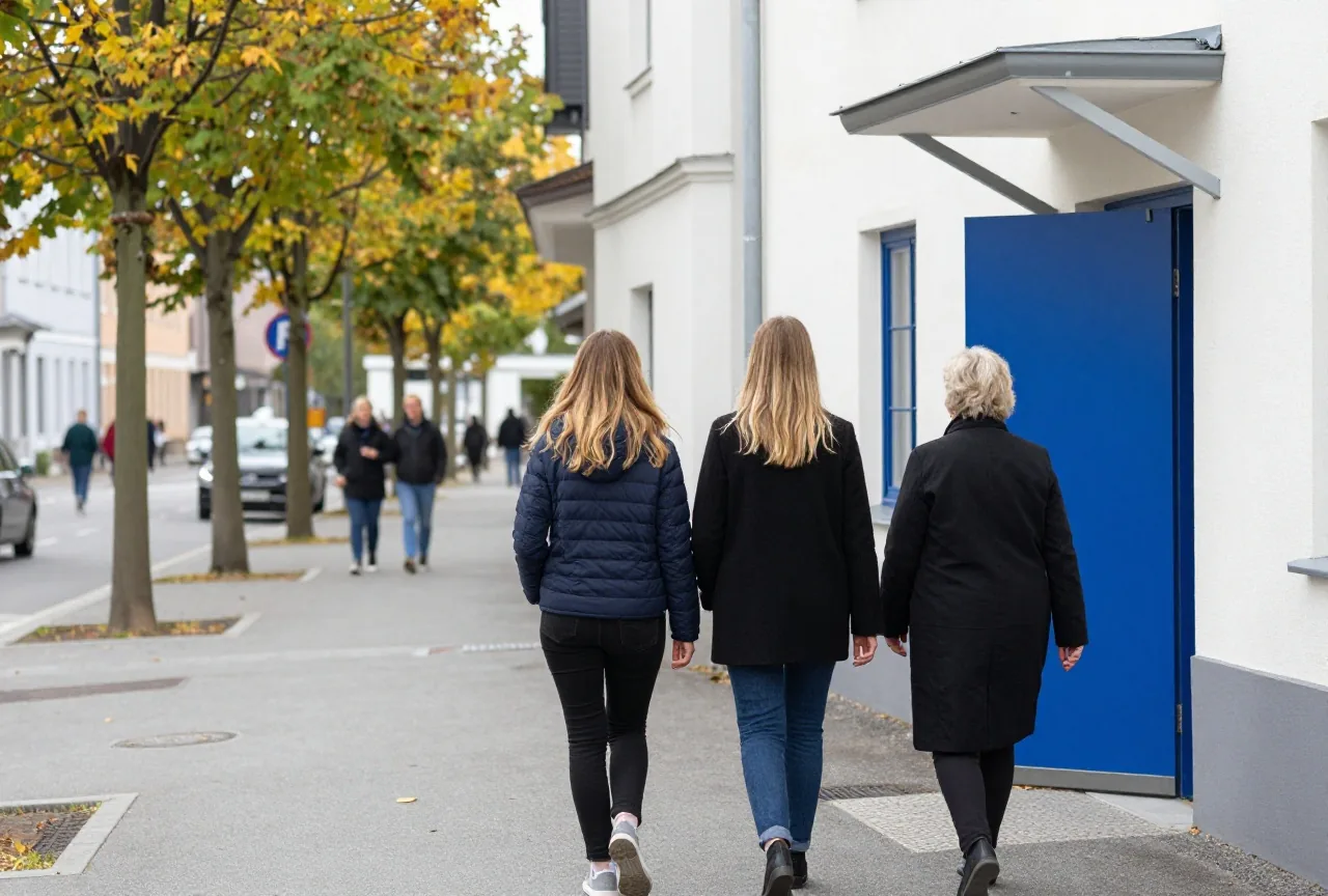 Zwei Frauen gehen an einem sonnigen Herbstmorgen eine ruhige, baumgesäumte Dorfstraße entlang