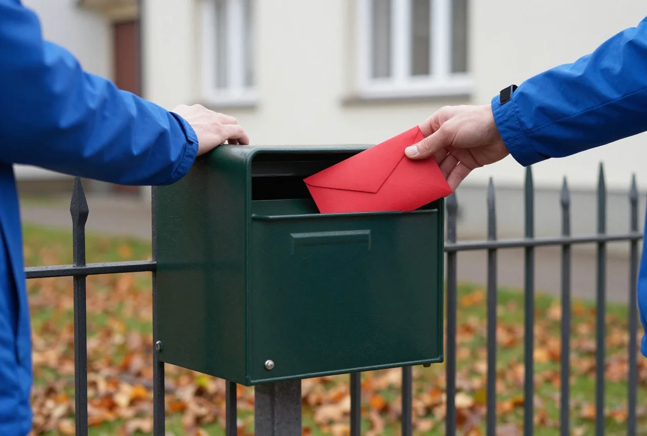Eine Hand wirft einen verschlossenen roten Umschlag in einen dunkelgrünen Briefkasten an einem Gartenzaun