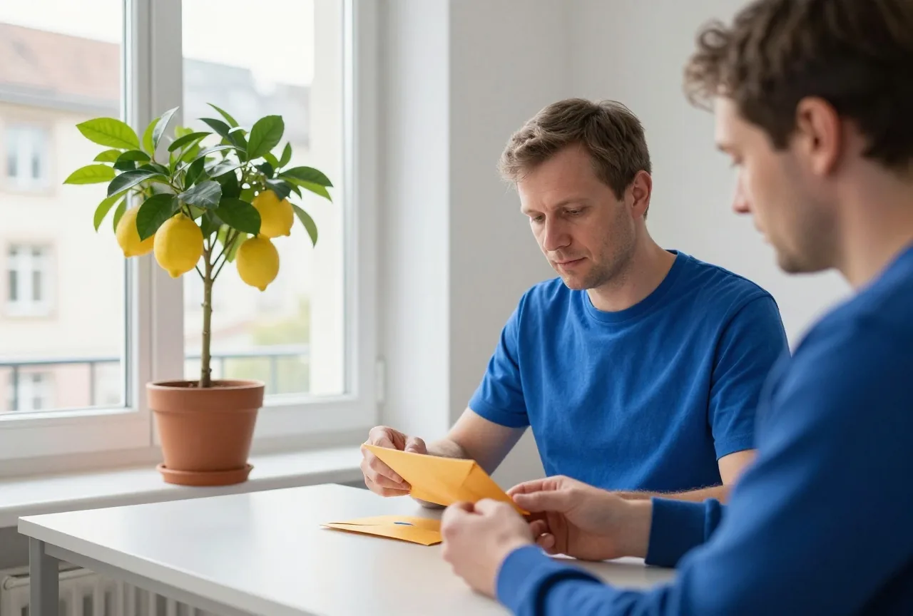 Ein Mann in den Vierzigern verschließt an einem kleinen Schreibtisch in einer sonnigen Wohnung einen Umschlag
