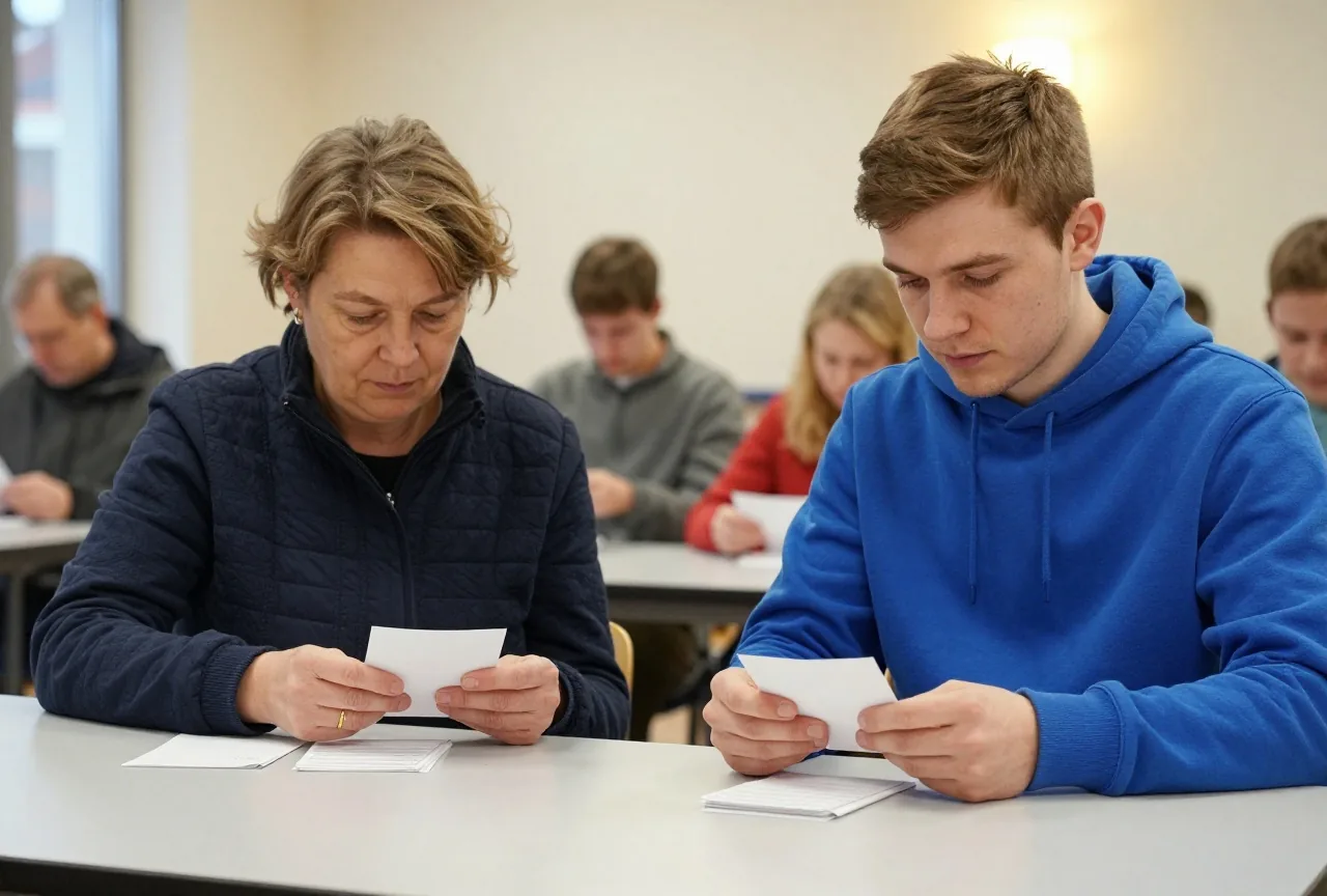 Eine Frau mittleren Alters und ein junger Mann zählen abends gefaltete Karten an einem langen Tisch