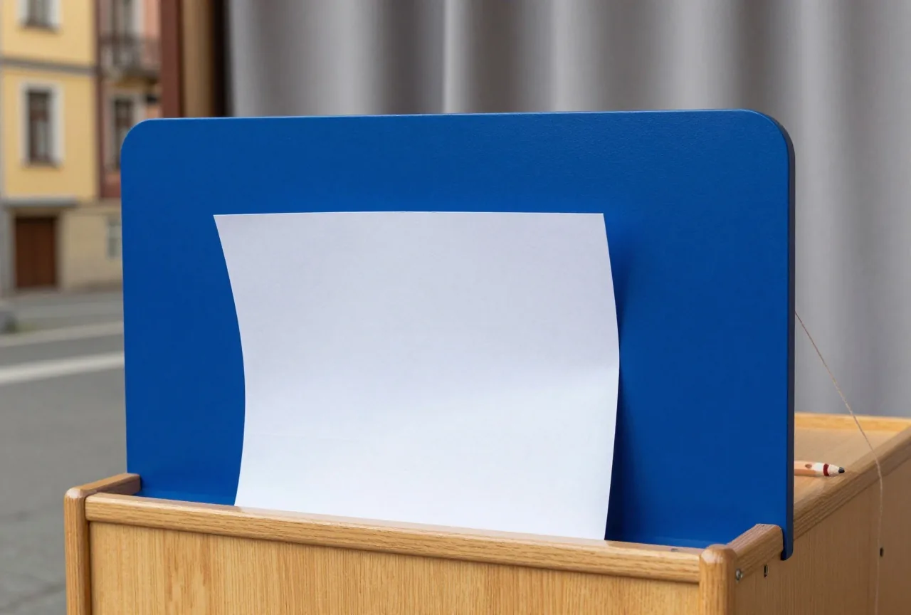 Ein Bleistift an einer Schnur liegt auf einer gefalteten weißen Karte in einer hölzernen Wahlkabine
