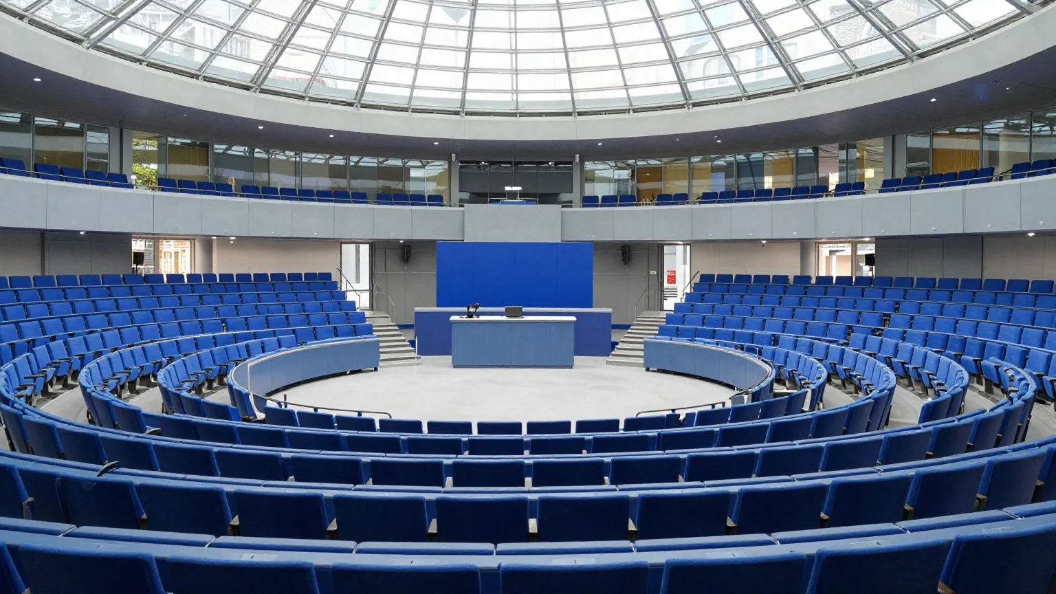 Ein großer Plenarsaal mit leeren blauen Sitzen im Halbrund, Tageslicht fällt durch eine Glaskuppel