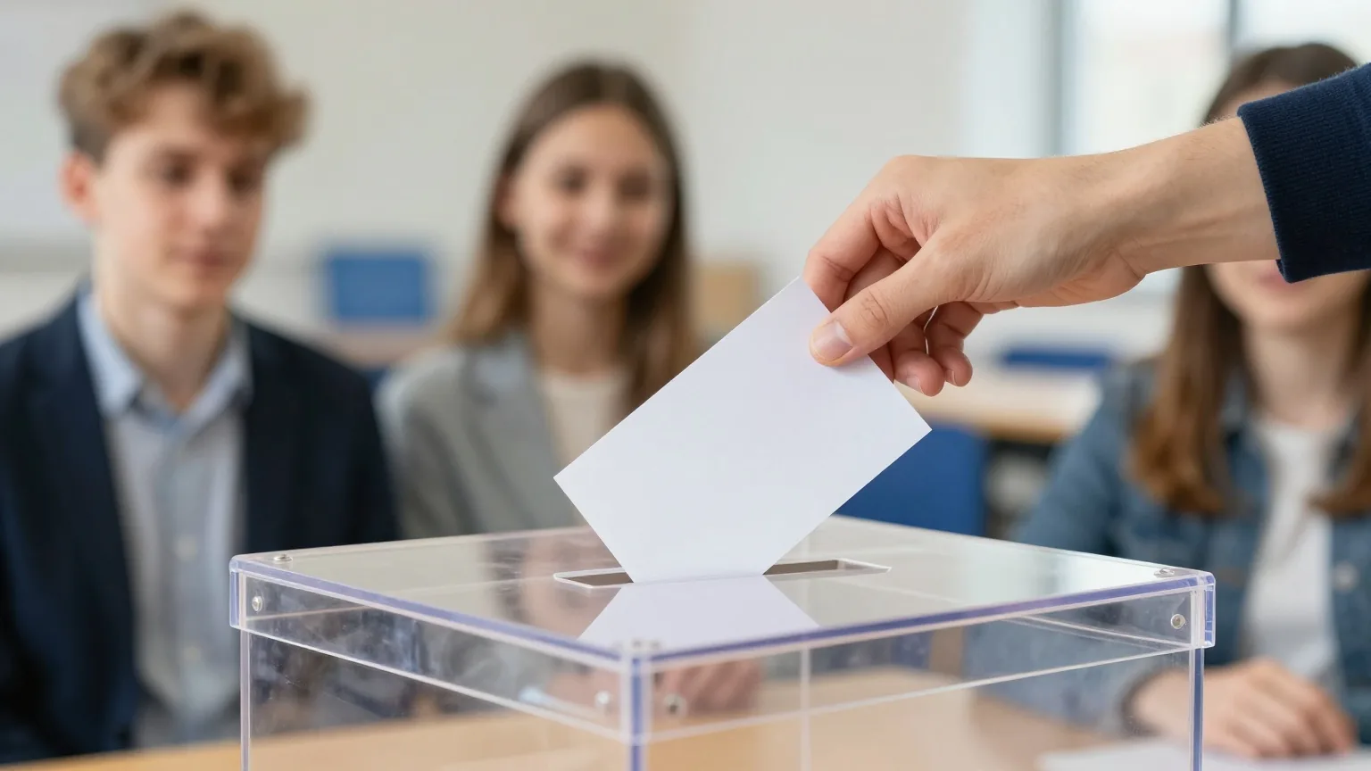 Eine Hand wirft einen gefalteten Zettel in eine durchsichtige Wahlurne in einer hellen Turnhalle