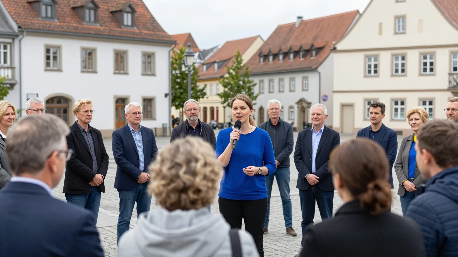 Eine Frau um die dreißig spricht mit einem Mikrofon auf einem Platz vor einer kleinen Zuhörergruppe