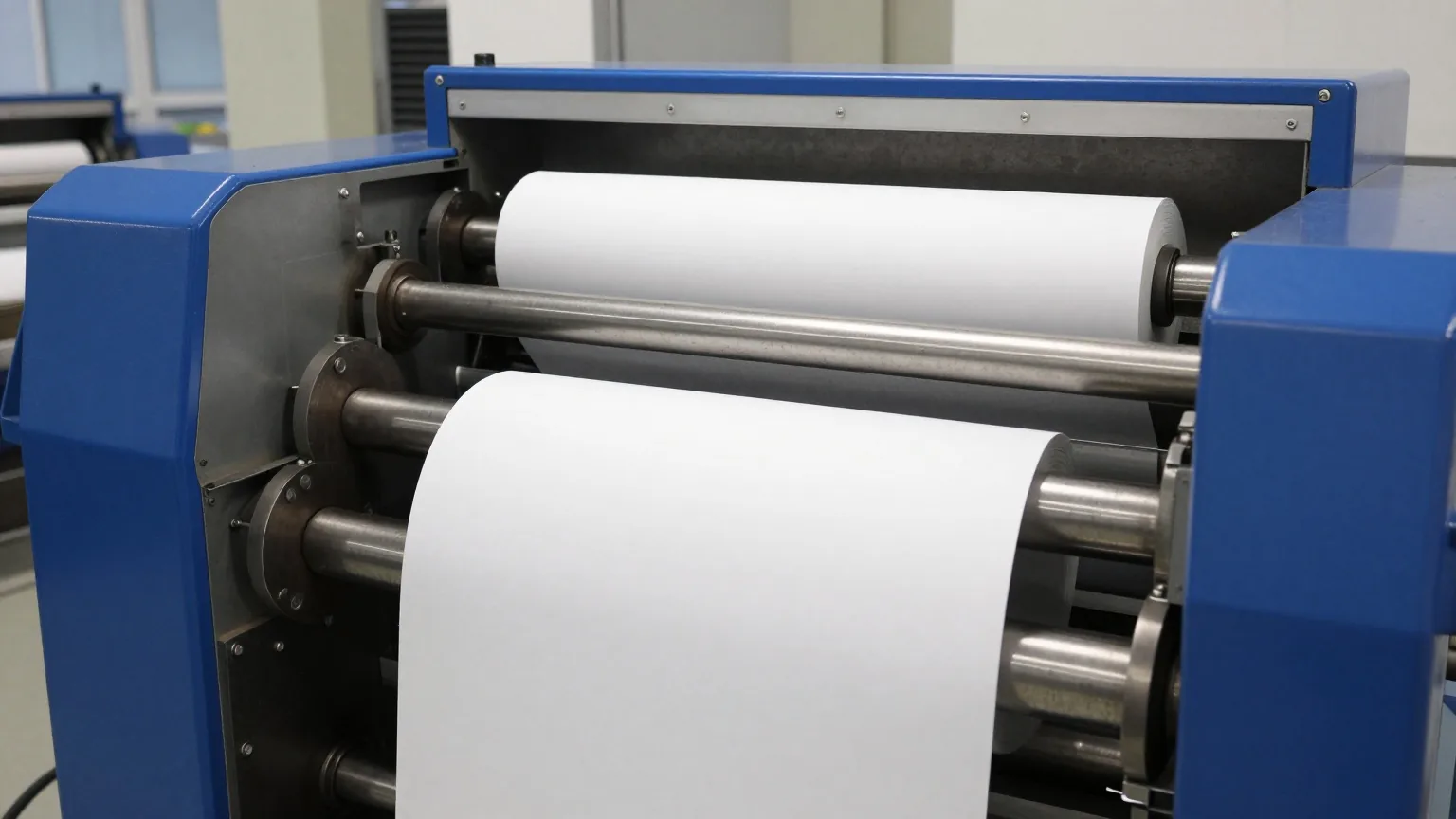 Eine große Rotationsdruckmaschine in einer Industriehalle, durch deren Stahlwalzen lange Bahnen weißes Papier laufen