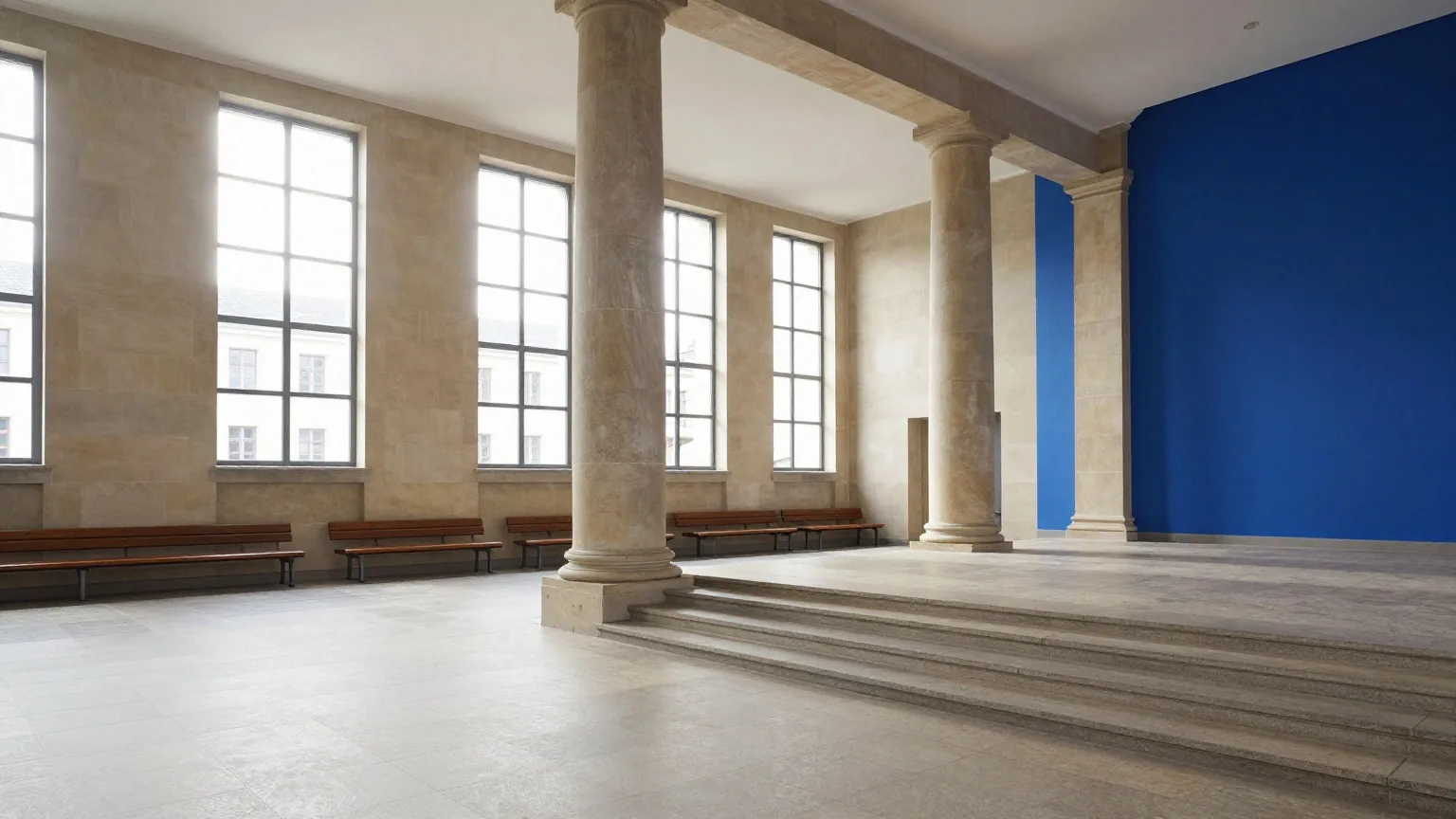 Eingangshalle eines Gerichtsgebäudes mit hohen Steinsäulen, breiter Treppe und Morgenlicht aus hohen Fenstern