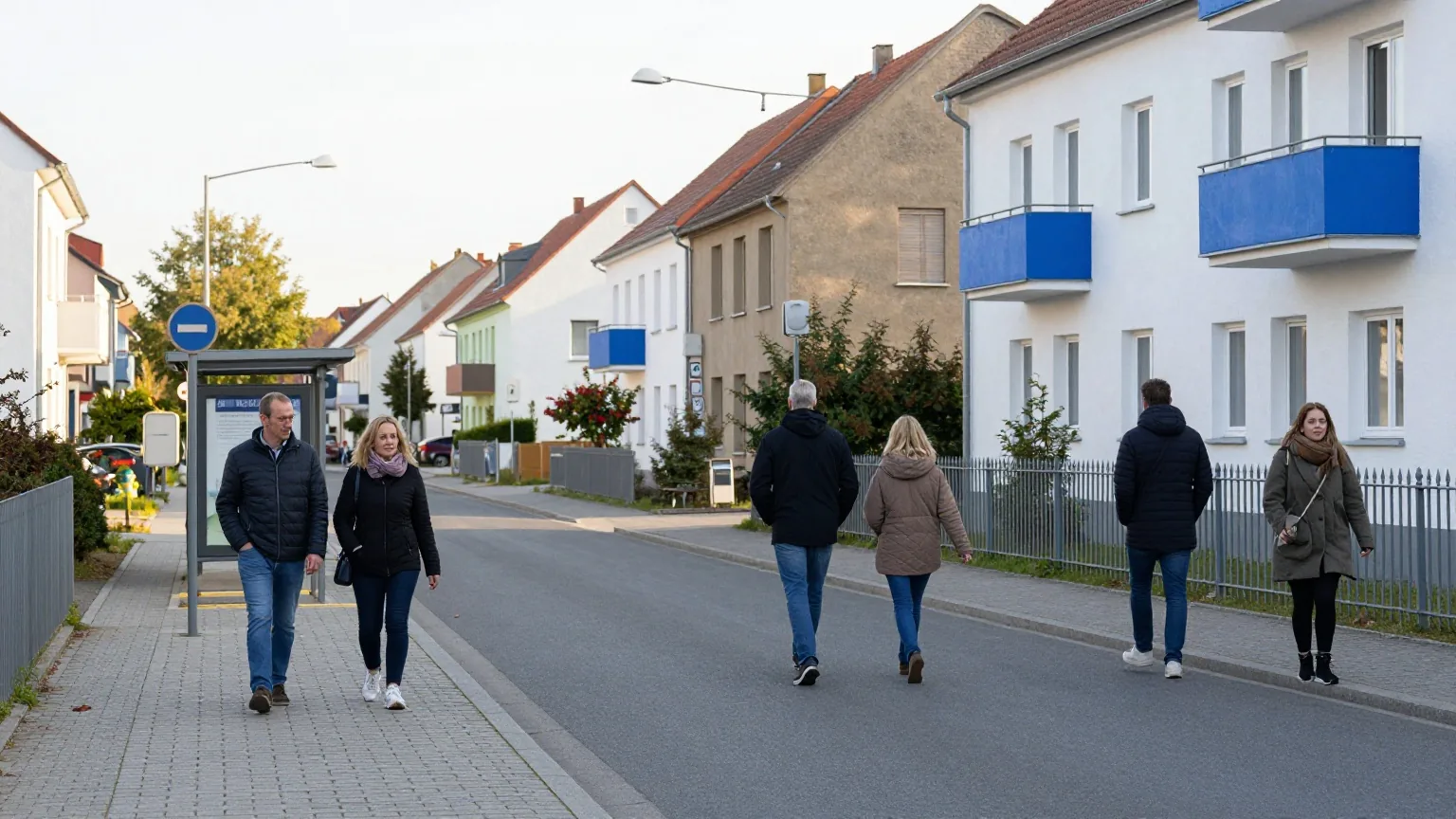 Eine ruhige Wohnstraße in einer deutschen Stadt mit Mehrfamilienhäusern, Bushaltestelle und Passanten im Morgenlicht