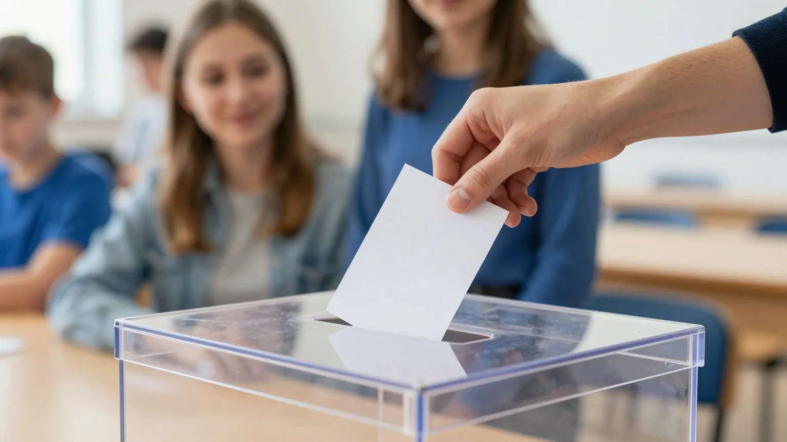 Eine Hand wirft einen gefalteten Stimmzettel in eine durchsichtige Wahlurne in einer Turnhalle als Wahllokal