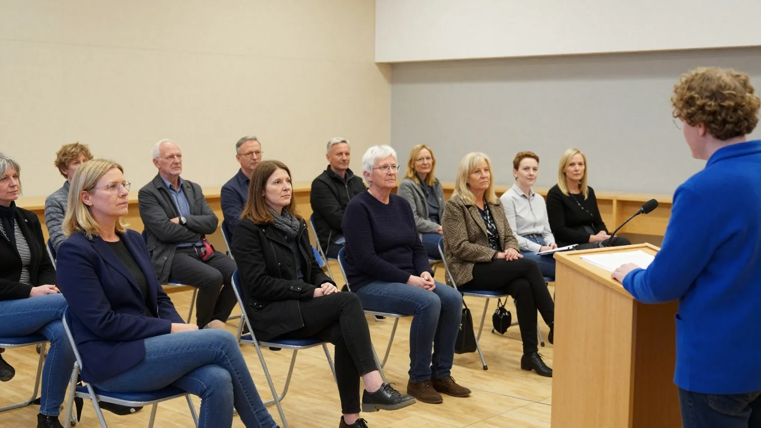 Erwachsene verschiedenen Alters sitzen auf Klappstühlen in einem schlichten Saal und hören einer Rednerin am Holzpult zu