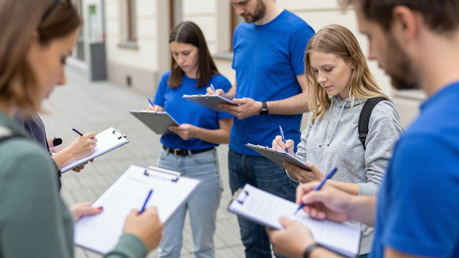 Freiwillige an einem Klapptisch in einer sonnigen Fußgängerzone sammeln Unterschriften von Passanten auf Klemmbrettern