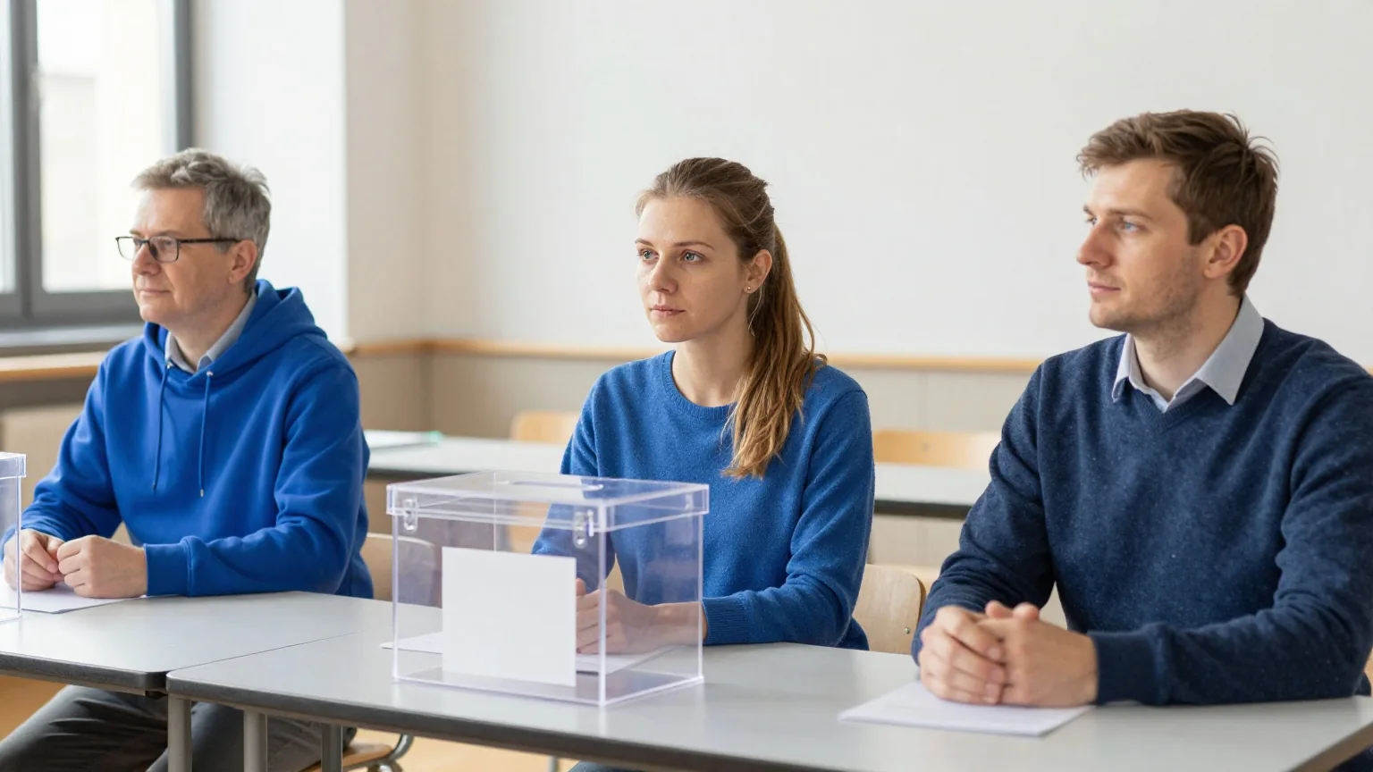 Drei Wahlhelfende unterschiedlichen Alters sitzen an einem langen Tisch in einer Turnhalle, vor ihnen eine durchsichtige Wahlurne