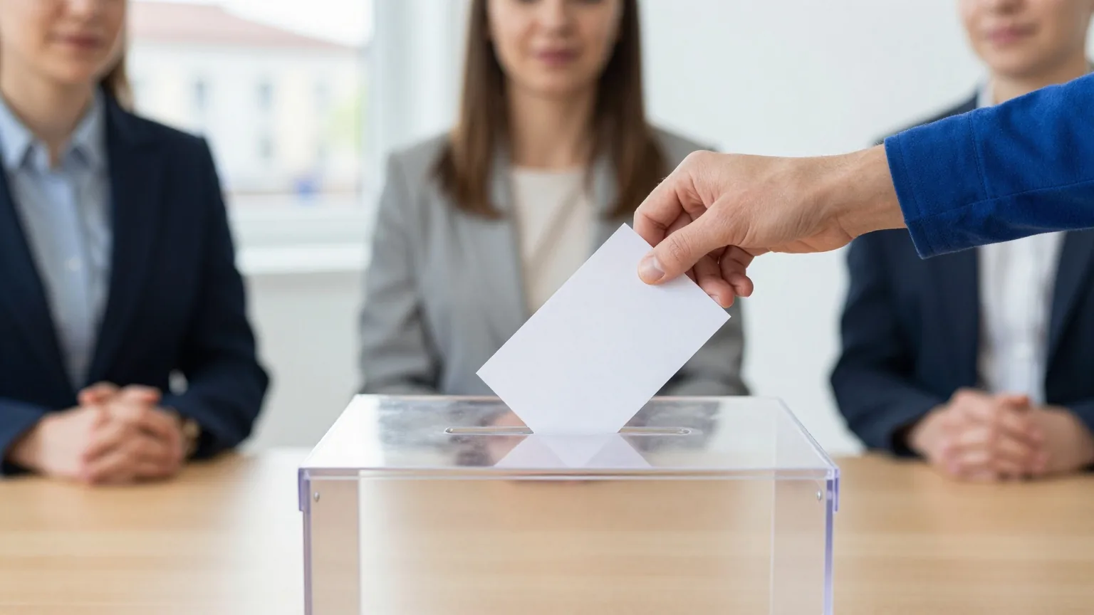 Eine Hand wirft einen gefalteten Stimmzettel in eine durchsichtige Wahlurne, Hintergrund unscharf