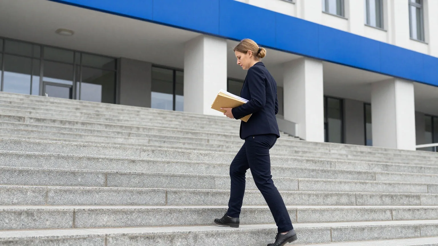Eine Frau um die vierzig im dunklen Blazer geht mit Mappen eine breite Steintreppe in einem hellen Gebäude hinauf