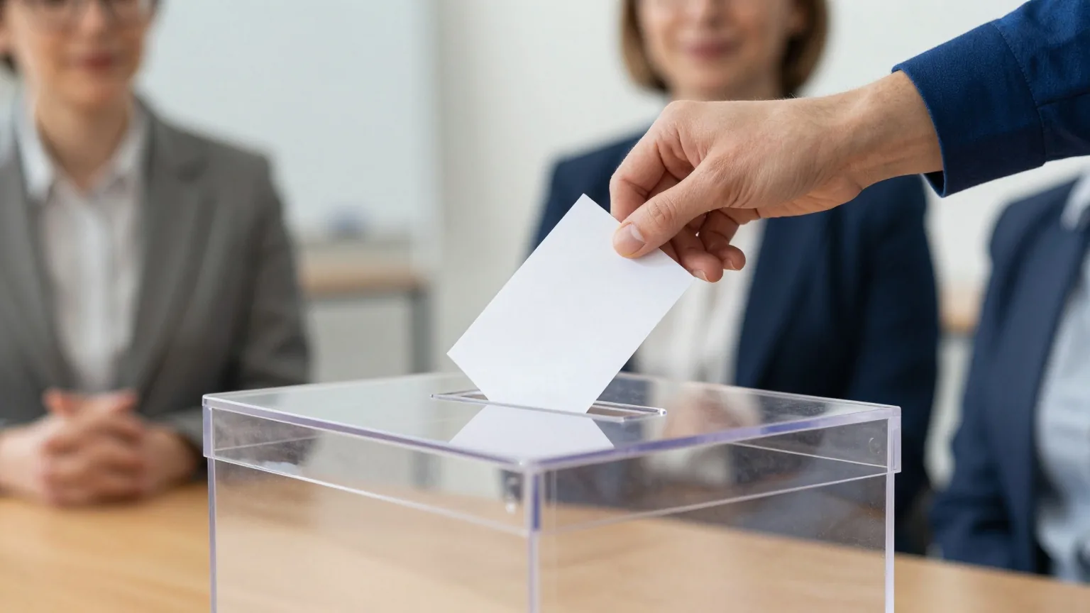 Eine Hand wirft einen gefalteten Zettel in eine durchsichtige Wahlurne auf einem Holztisch