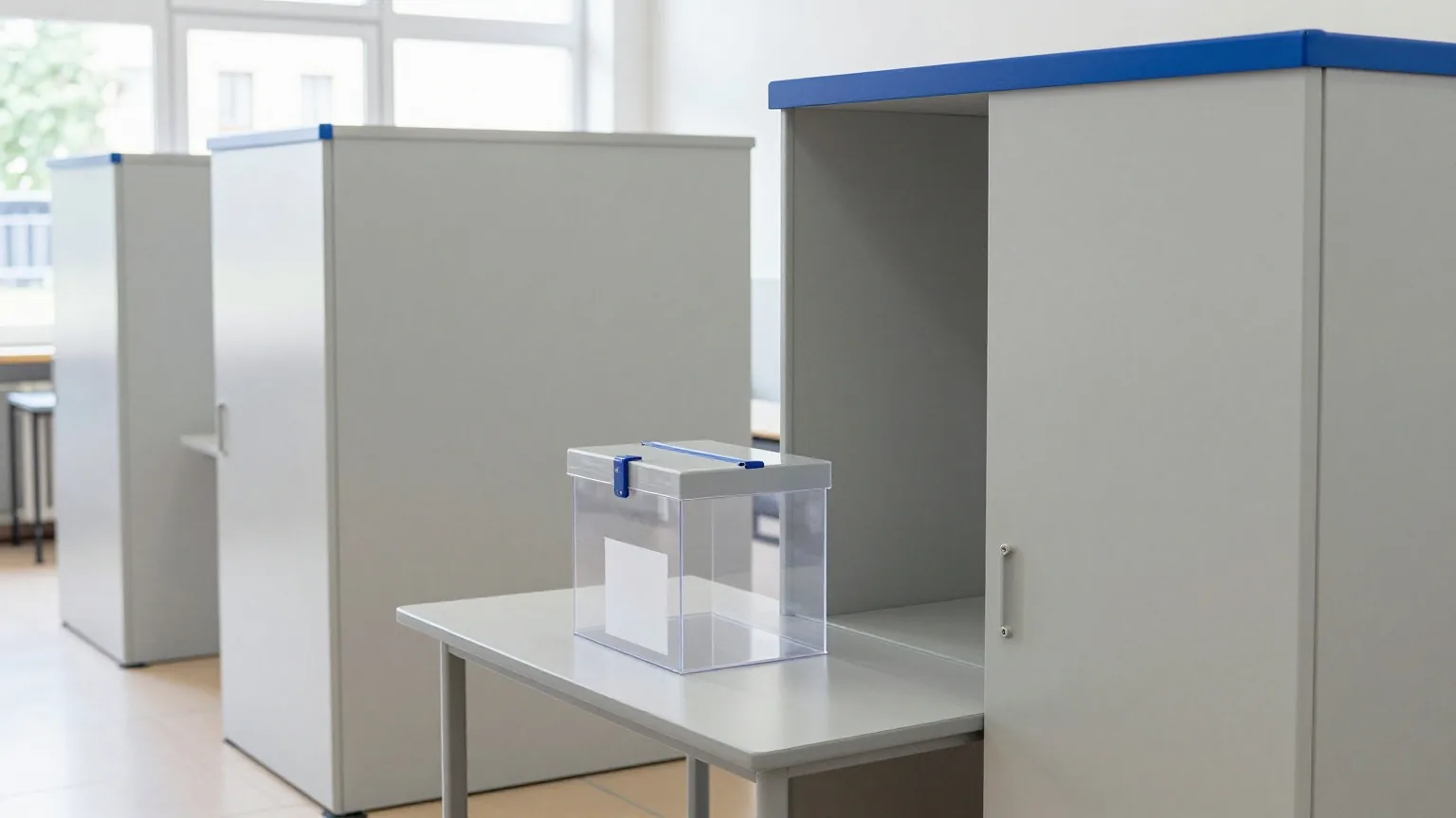 Ein ruhiges Wahllokal in einer hellen Turnhalle mit grauen Wahlkabinen und einer durchsichtigen Wahlurne