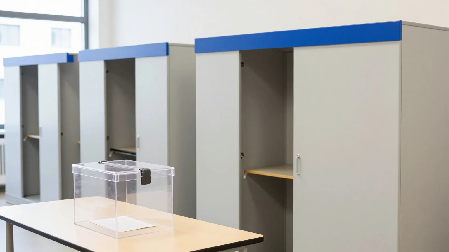 Eine Reihe Wahlkabinen mit hellgrauen Trennwänden in einem hellen Saal, vorne eine durchsichtige Wahlurne