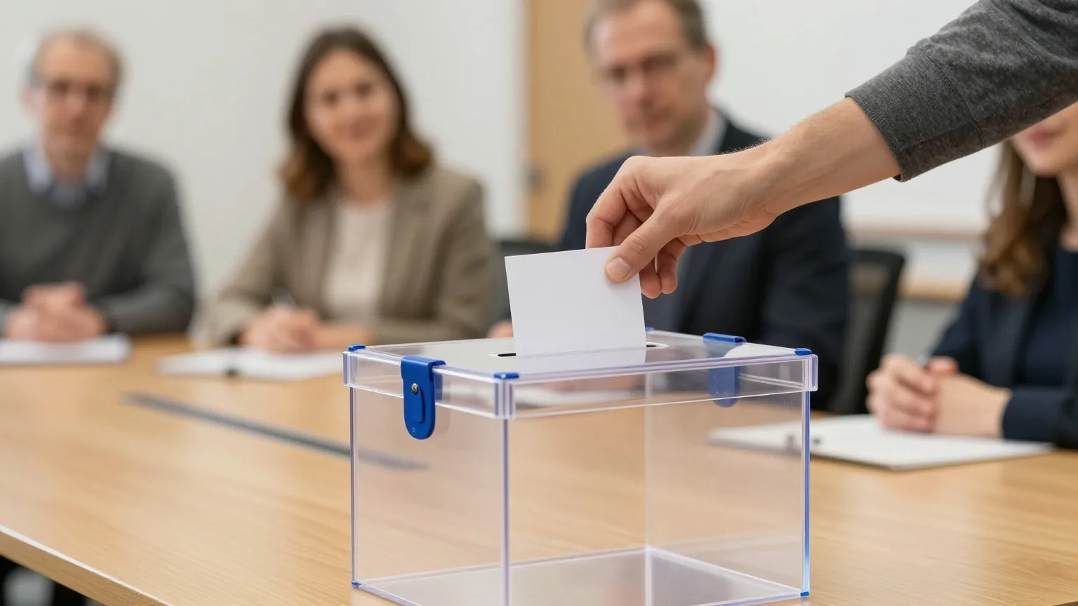 Eine Hand wirft eine gefaltete weiße Karte in eine durchsichtige Urne in einem hellen Saal