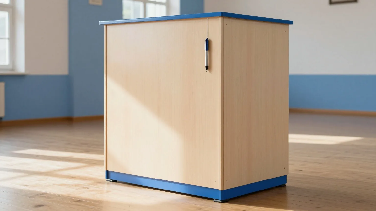 Eine hölzerne Wahlkabine mit hellem Sichtschutz und einem Stift an einer Schnur im leeren Gemeindesaal
