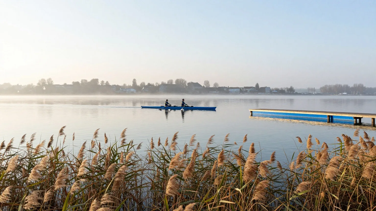 Ein stiller See im Morgennebel mit Schilf, einem Ruderboot und einem hölzernen Steg