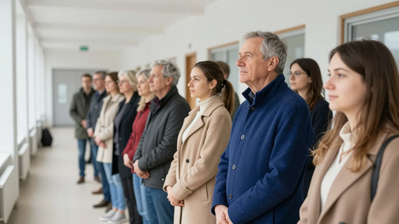Menschen unterschiedlichen Alters warten ruhig in einer kurzen Schlange in einem hellen Flur, seitlich gesehen