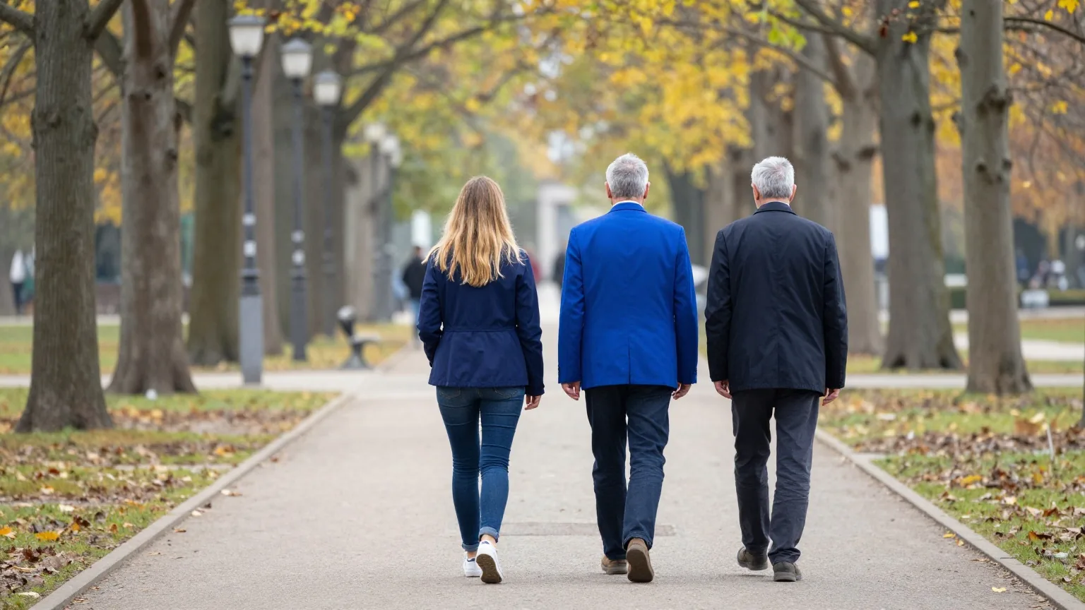 Eine junge Frau und ein älterer Mann gehen an einem Herbstmorgen nebeneinander einen ruhigen Parkweg entlang, von hinten gesehen